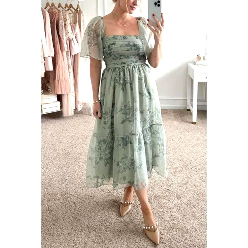 Abercrombie & Fitch Emerson Angel Sleeve Midi Dress Sage Green Floral Large